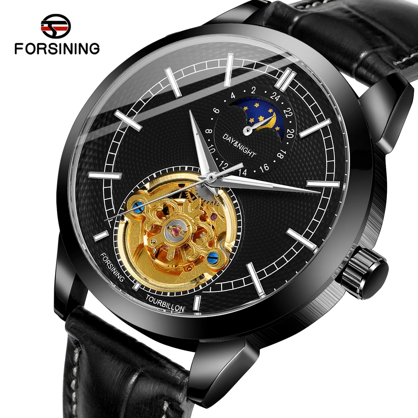 Excellence  Top Brand Hollow Tourbillon Pin Scale Full Automatic Mechanical Man Business Leather Belt Moon Phase Watch