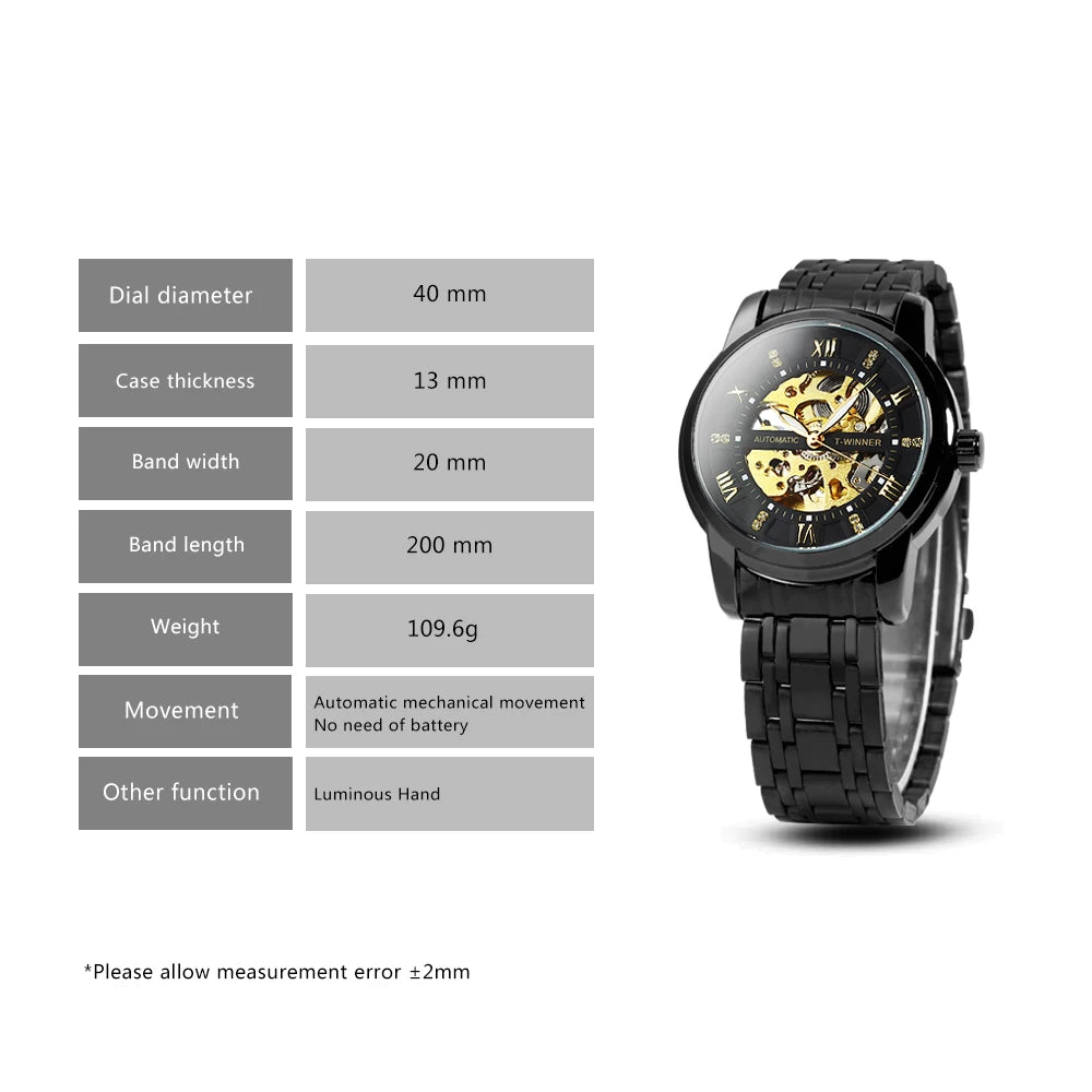 Excellence Gold Black Mechanical Watches Classic Retro Iced Out Skeleton Automatic Watch for Men Stainless Steel Band Luminous Hands