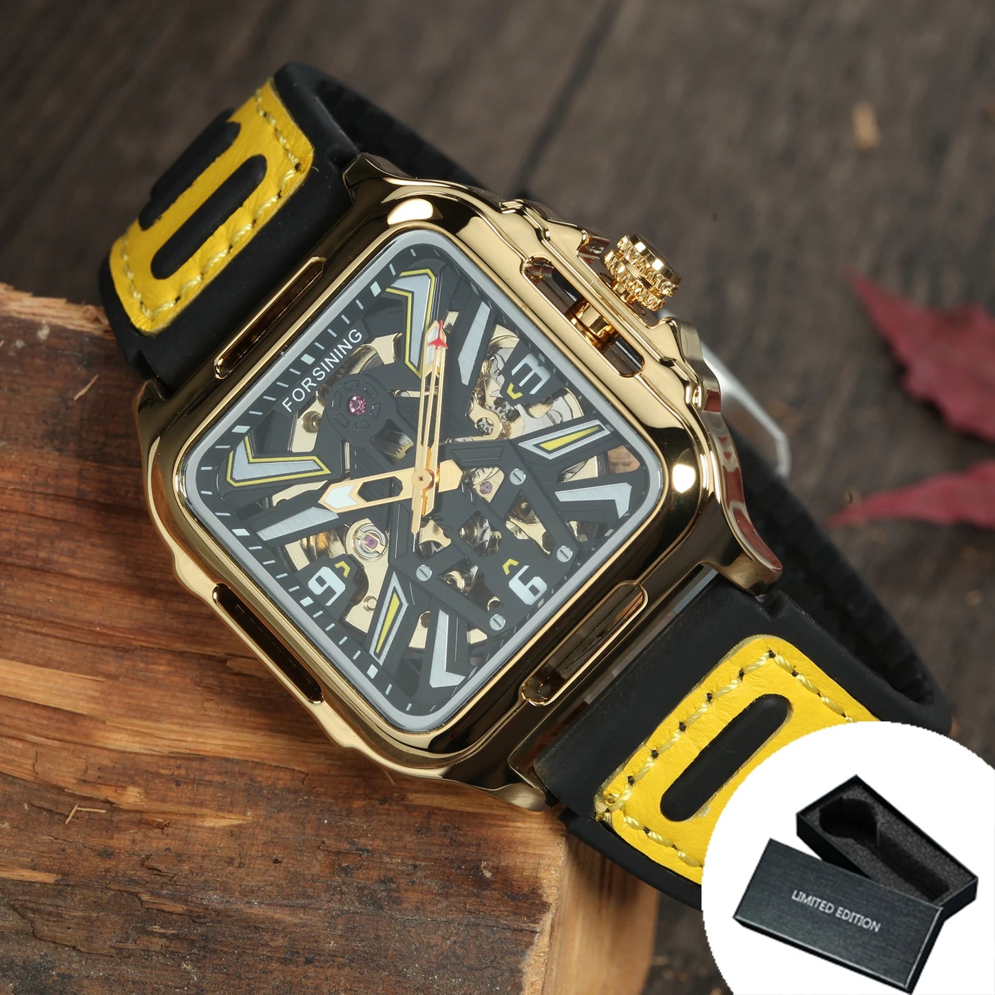 Excellence Gold Black Square Skeleton Automatic Watch for Men Luminous Hands Luxury Sports Mechanical Watches Rubber Leather Band