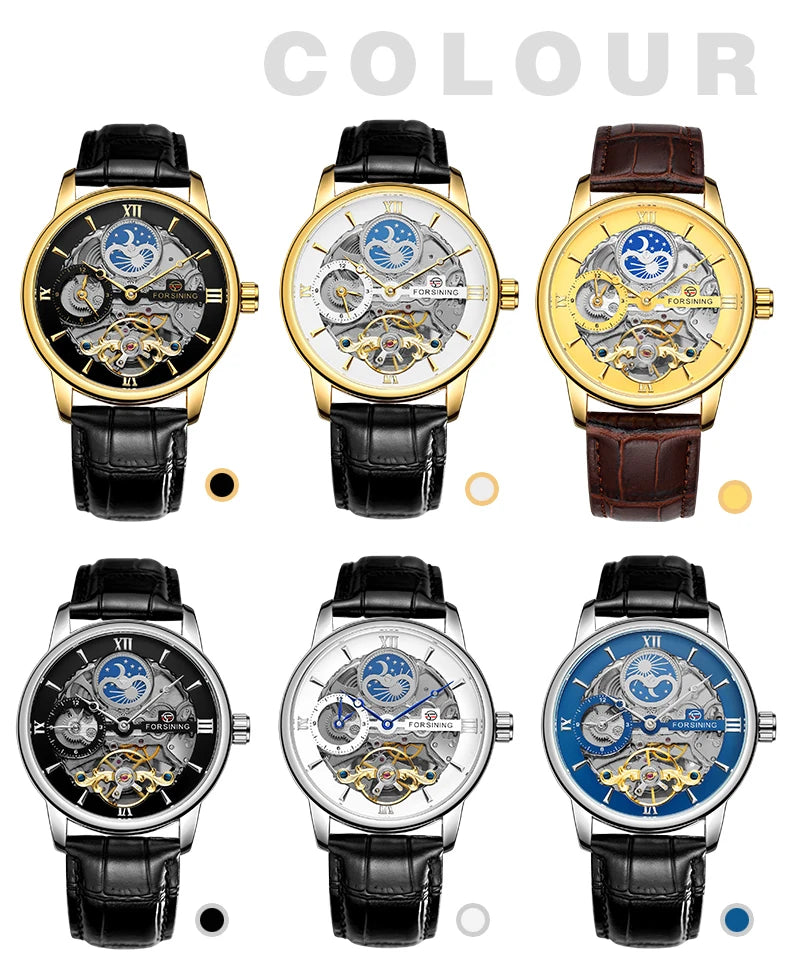 Excellence High Quality Multiple Time Zon Moonphase Automatic Watch Fashion Luxury Skeleton Mechanical Watches Men's Wristwatch Leather Belt