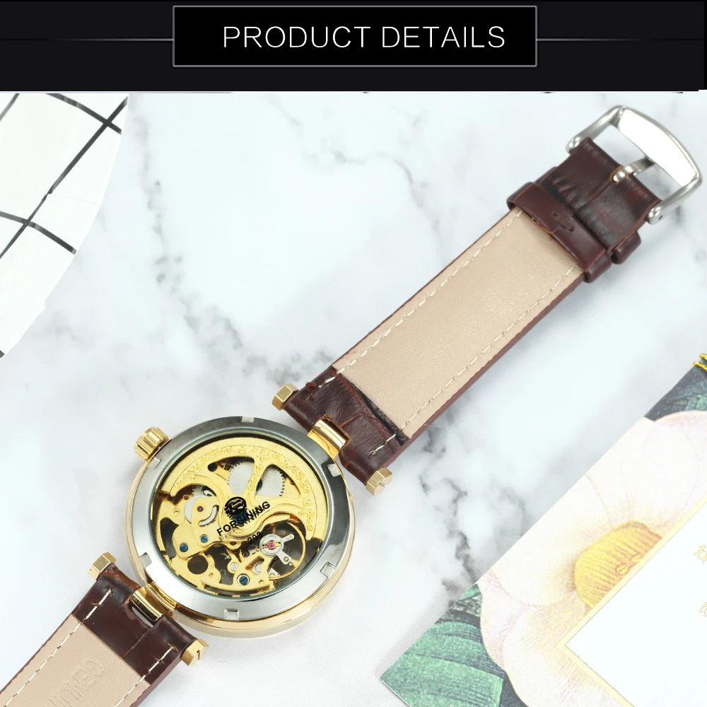 Excellence Fashion Luxury Skeleton Automatic Watch for Women Luminous Hands Elegant Gold Mechanical Ladies Watches Leather Strap