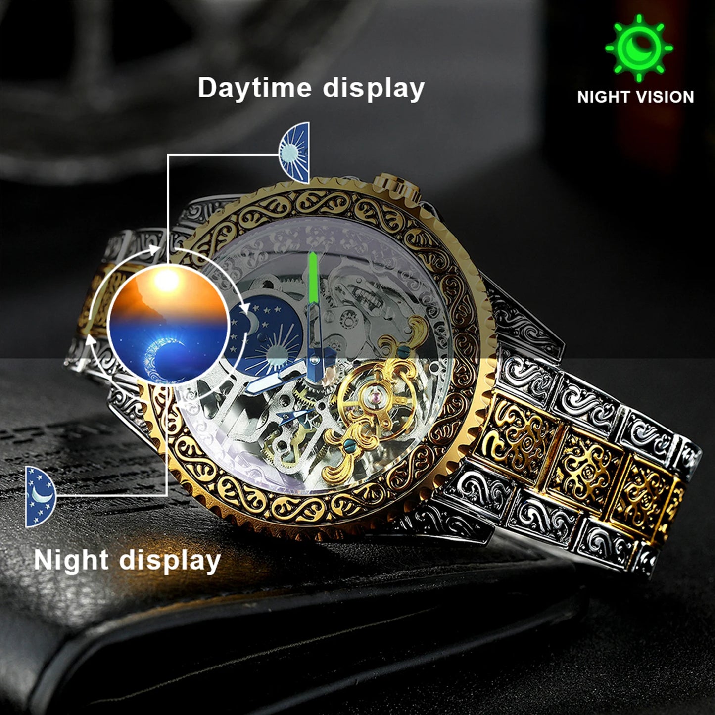 Excellence Luxury Gold Skeleton Mechanical Watches Moon Phase Retro Engraved Luminous Tourbillon Automatic Men's Watch Steel Strap