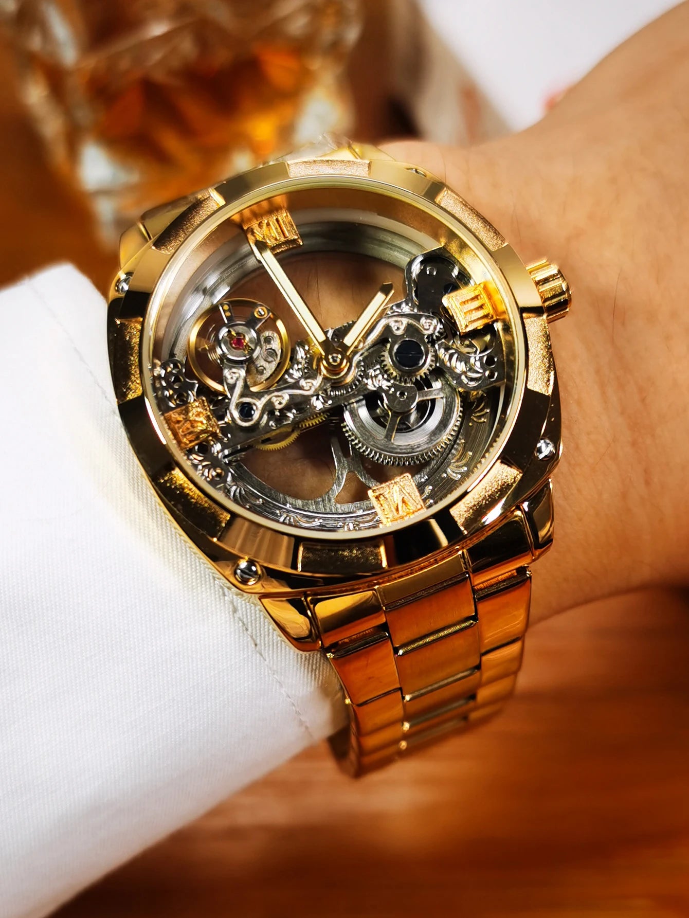 Excellence Luxury Square Skeleton Automatic Men's Watch Golden Bridge Dial Carved Movement Mechanical Waterproof Watches Steel Strap