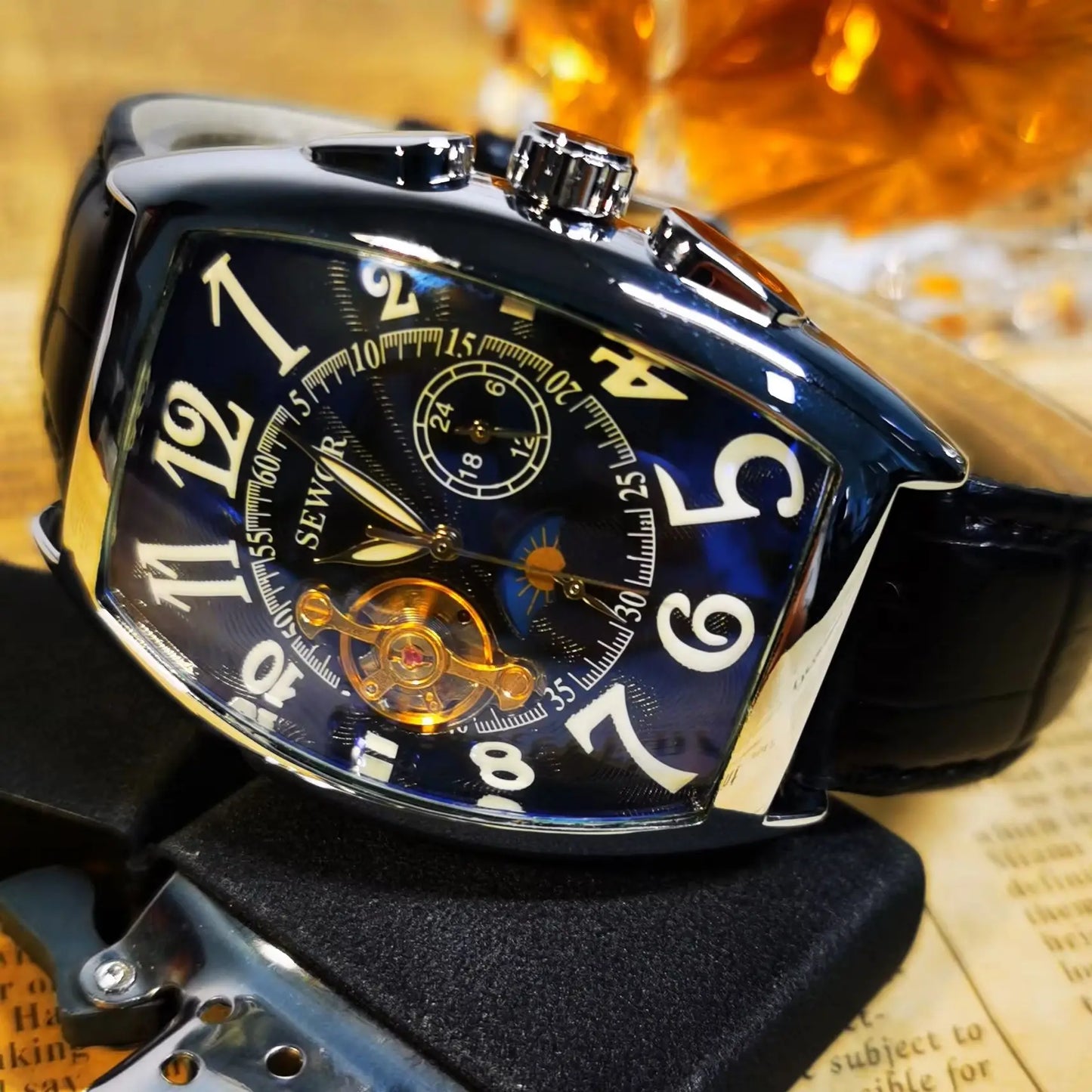 Excellence Luxury Skeleton Automatic Men's Watch Moon Phase Tonneau Tourbillon Mechanical Watches Genuine Leather Strap Luminous Hands