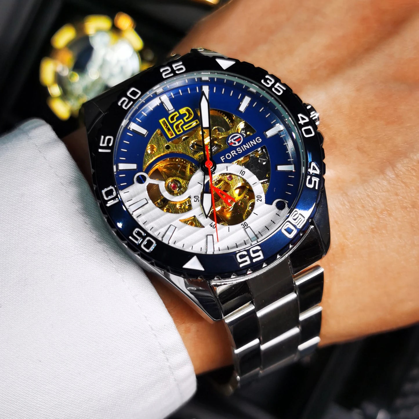 Excellence Skeleton Men's Watch Blue Rotatable Bezel Luxury Automatic Mechanical Watches Stainless Steel Band Wristwatch