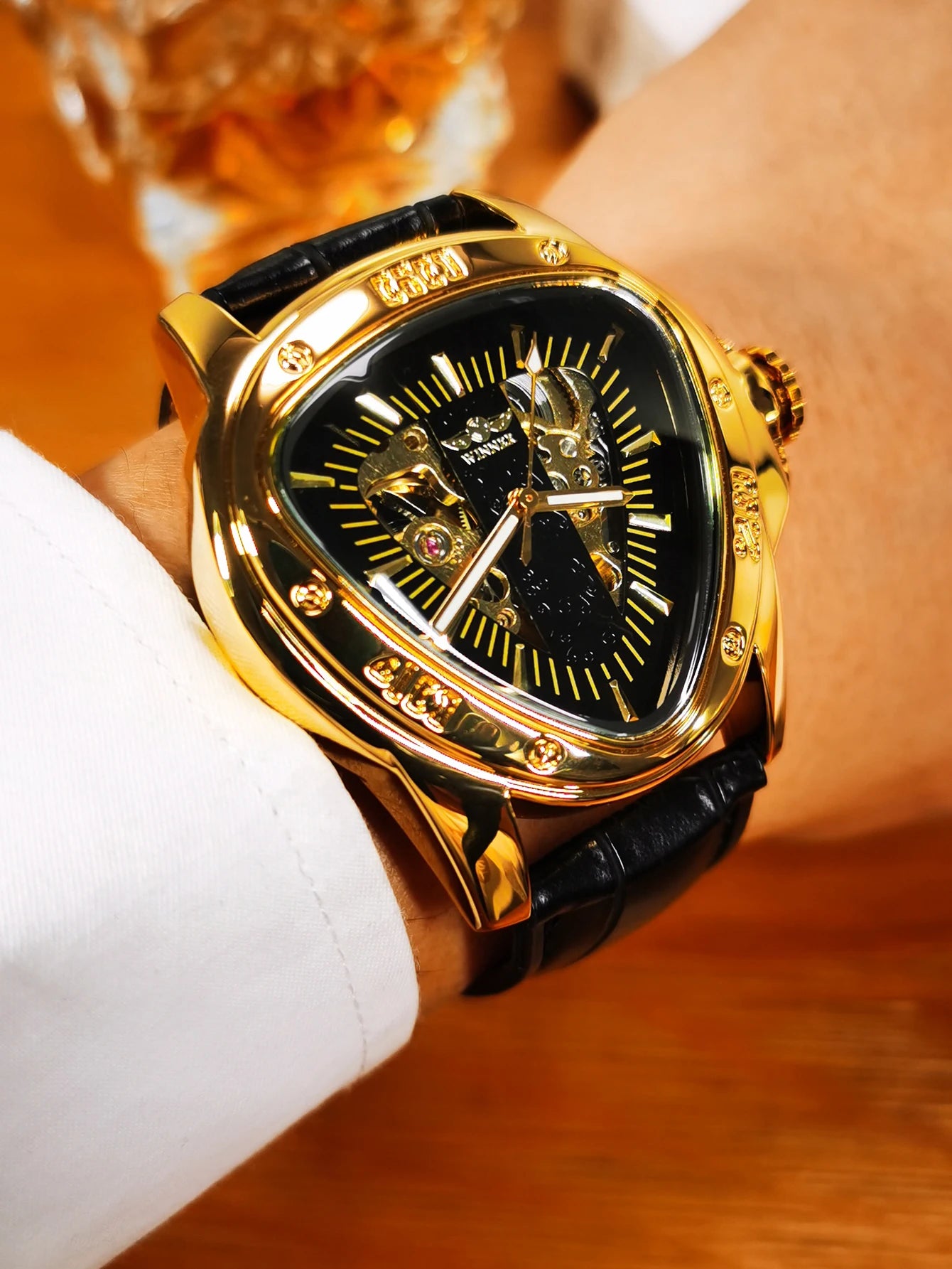 Excellence Military Triangle Skeleton Mechanical Watches for Men Luminous Hands Luxury Brand Leather Belt Sport Gold Automatic Watch