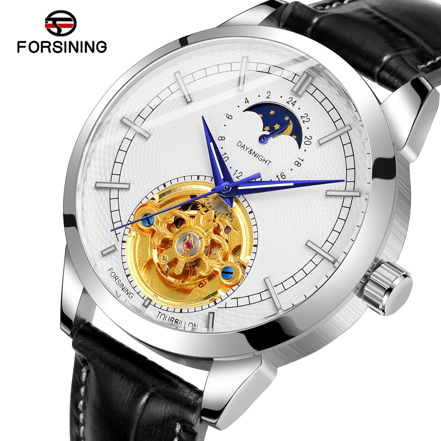 Excellence  Top Brand Hollow Tourbillon Pin Scale Full Automatic Mechanical Man Business Leather Belt Moon Phase Watch