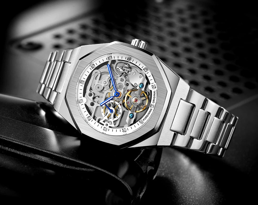 Excellence Silver Automatic Watch Men 3D Diamond Dial Irregular Tourbillon Skeleton Mechanical Wristwatches Luminous Hands