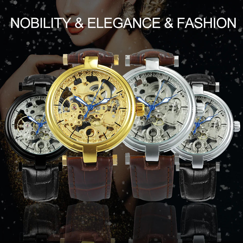 Excellence Fashion Luxury Skeleton Automatic Watch for Women Luminous Hands Elegant Gold Mechanical Ladies Watches Leather Strap