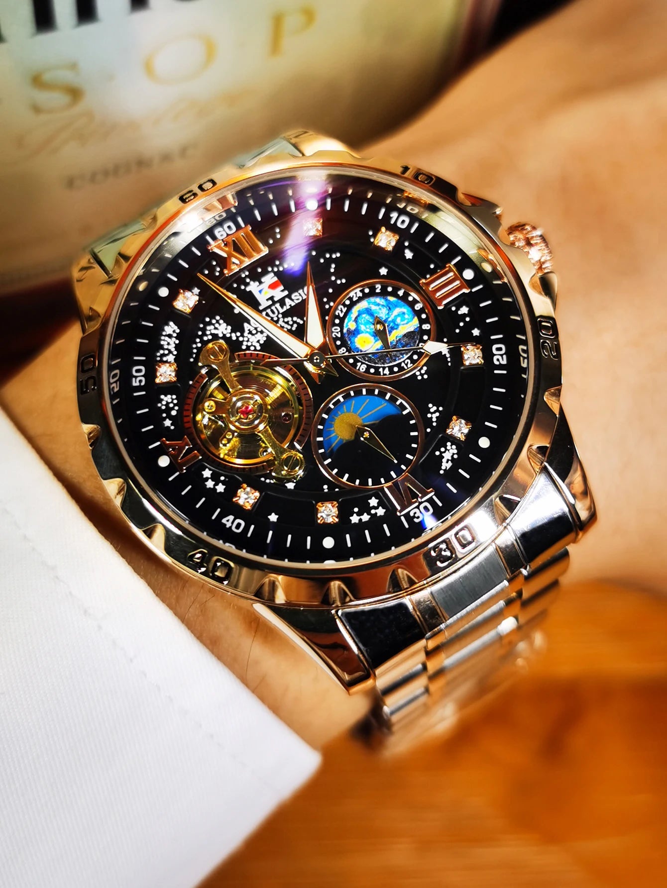 Excellence Tourbillon Skeleton Mechanical Watches Starry Sky Moon Phase Diamond Luminous Dial Steel Strap Luxury Brand Automatic Men's Watch