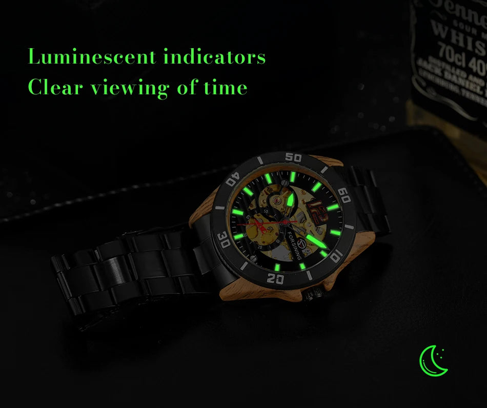 Excellence Luxury  Skeleton Wristwatches Imitation Wood Grain Stainless Steel Strip Automatic Watches for Men Transparent Watch