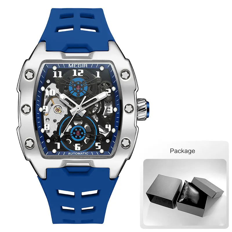 Excellence Sport Automatic Watch Men Waterproof White Silicone Strap Mechanical Wristwatch with Tonneau Hollowed-out Dial