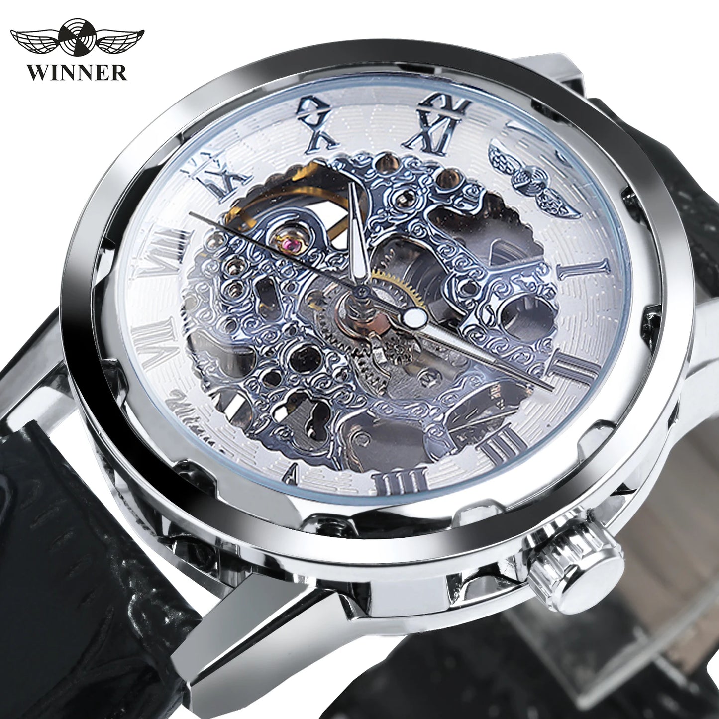 Excellence Transparent Skeleton Mechanical Watches Luminous Hands Silver White Retro Luxury Watch for Men Black Leather Belt