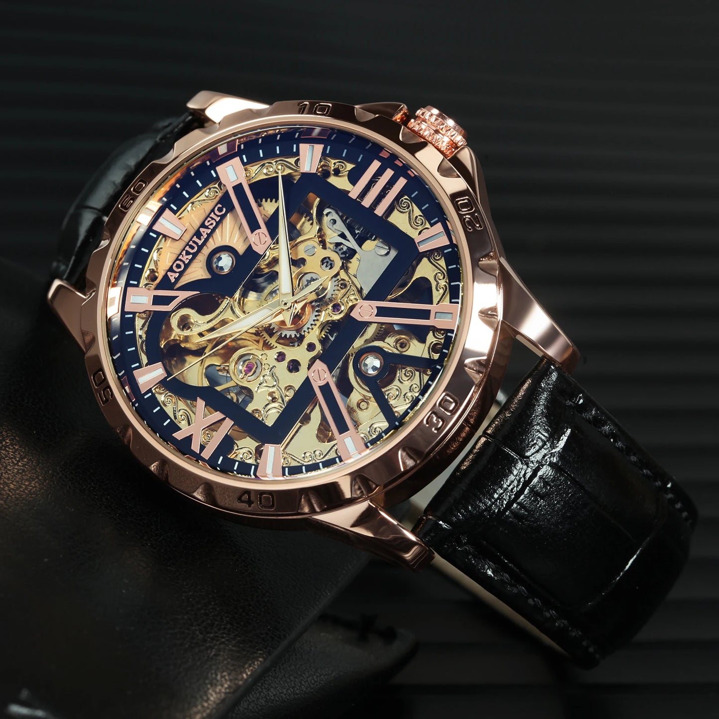 Excellence Brand Military Mechanical Watches Fashion Iced Out Gold Skeleton Automatic Watch for Men Stainless Steel Strap Luminous