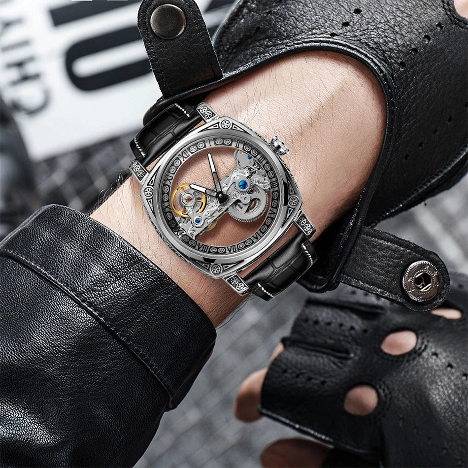 Excellence Luxury Real Leather Belt Skeleton Automatic Men Watch Golden Bridge Dial Carved Movement Mechanical Waterproof Watches