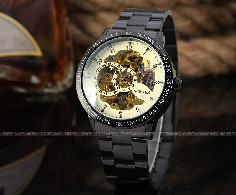 Excellence High End Luxury Blue Glass Stainless Steel Skeleton Mechanical Automatic Man Watches Fashion Classics Waterproof Male Watch