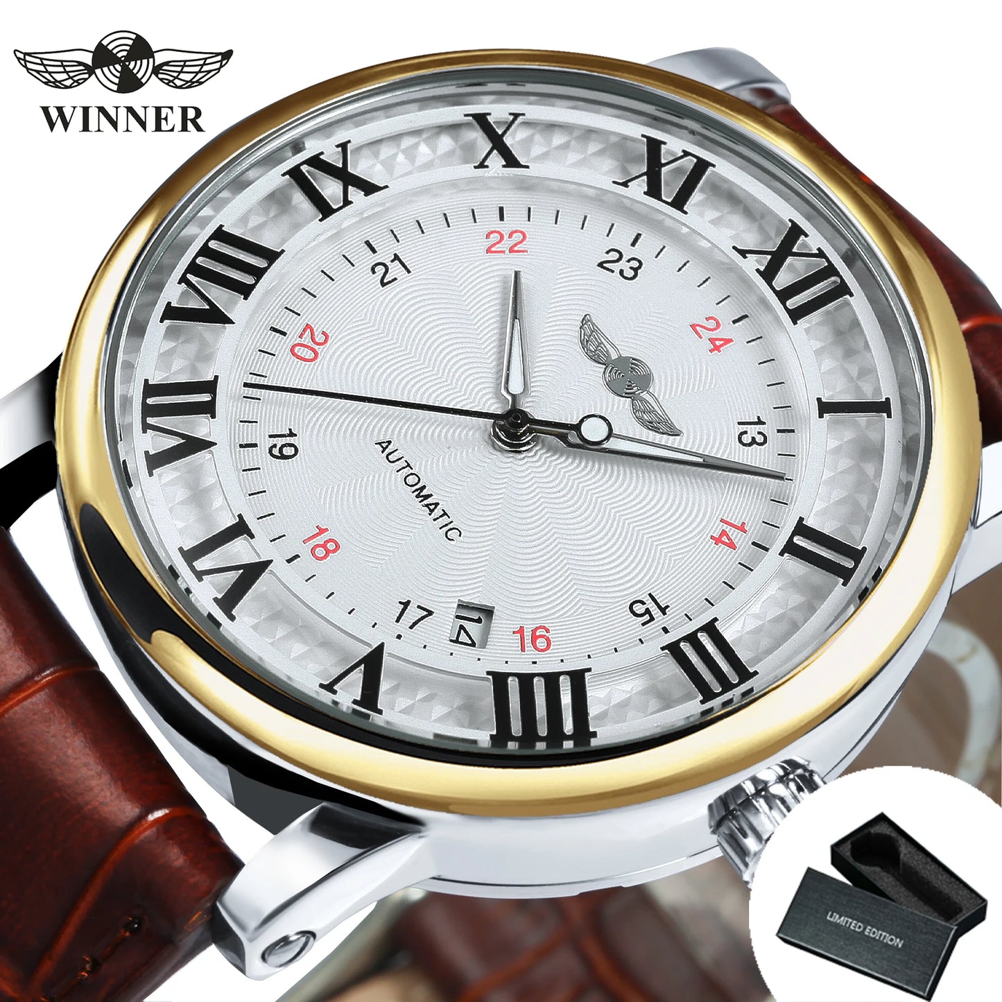 Excellence Fashion Business Mechanical Watches Date Display Minimalist Automatic Watch for Men Casual Brown Leather Strap Wristwatch