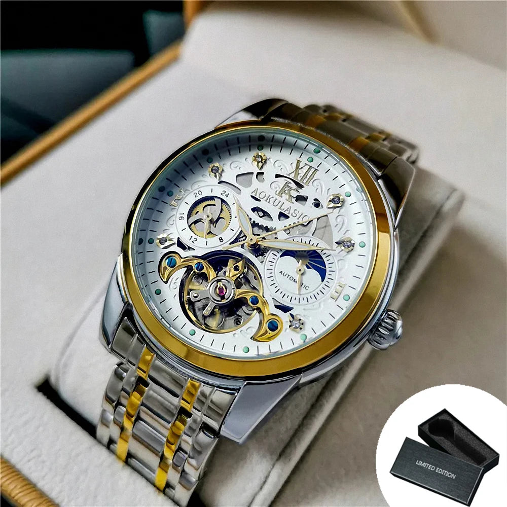 Excellence Luxury Mechanical Watches Moon Phase Fashion Diamond Luminous Hands Tourbillon Skeleton Automatic Men's Watch Steel Strap