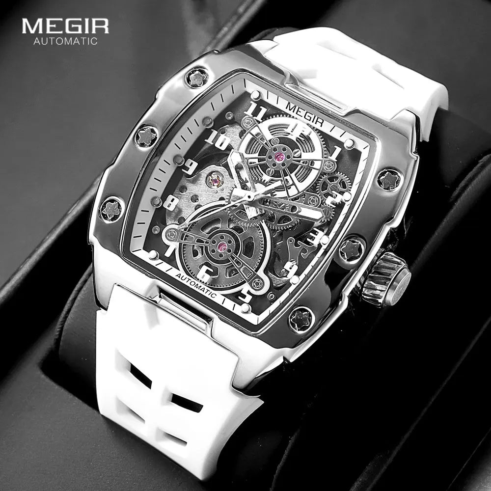 Excellence Sport Automatic Watch Men Waterproof White Silicone Strap Mechanical Wristwatch with Tonneau Hollowed-out Dial