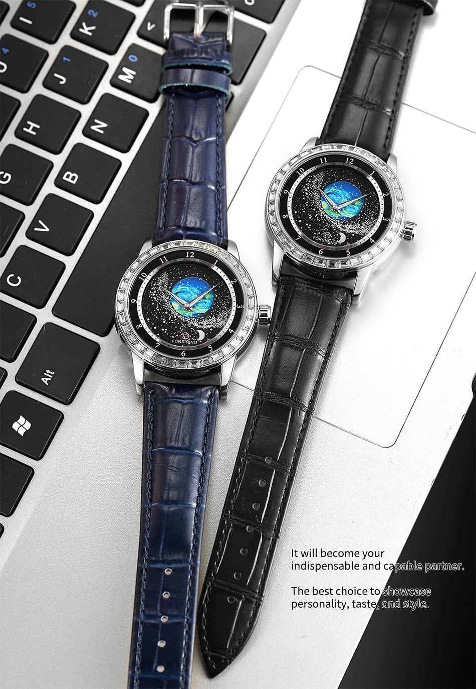 Excellence Design Earth Star Moon Set With Diamonds Genuine Belt Men Mechanical Automatic Watch Waterproof For Business