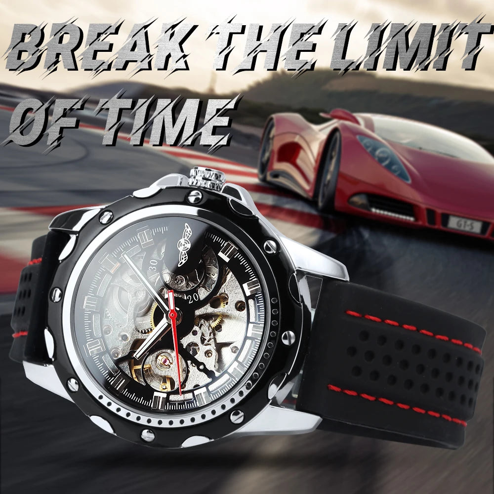 Excellence Sports Outdoor Mechanical Watch for Men Luminous Hands Black Skeleton Automatic Watches Luxury Brand Rubber Strap Clock