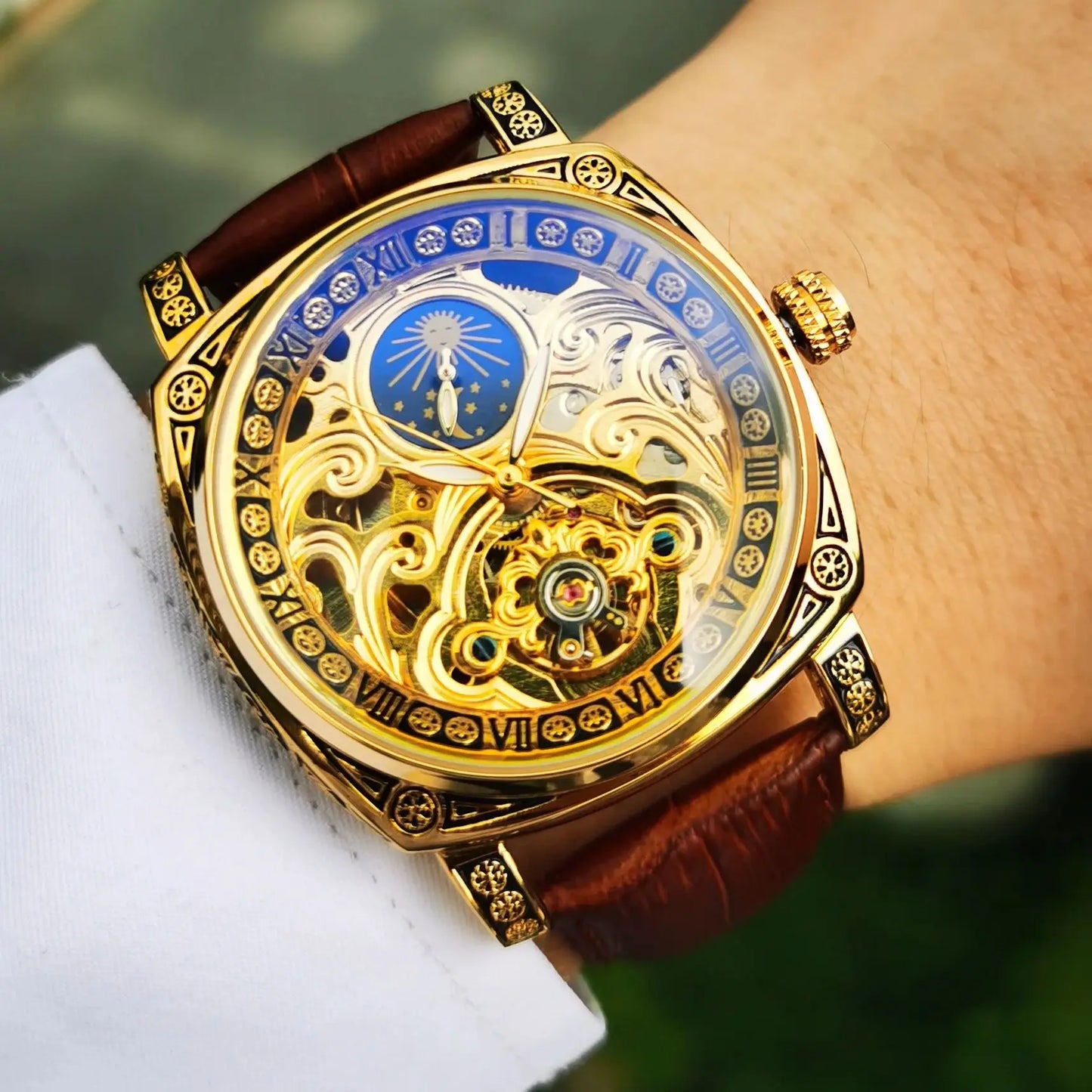 Excellence Mechanical Watches Moon Phase Tourbillon  Gold Automatic Watch for Men Casual Genuine Leather Belt.