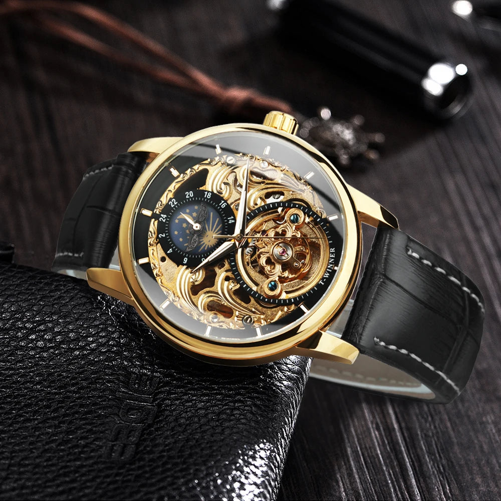 Excellence Moon Phase Watch for Men Luxury Tourbillon Skeleton Automatic Mechanical Watches Casual Genuine Leather Strap