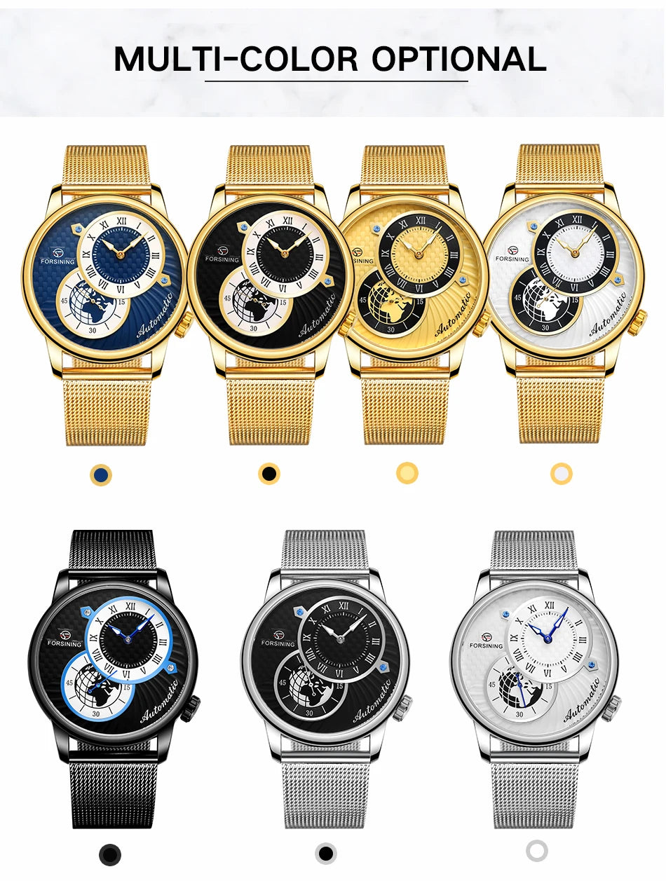 Excellence Earth Image Two Dial Automatic Self-Wind Mechanical Watch Fashion Men watch Waterproof Mesh strap