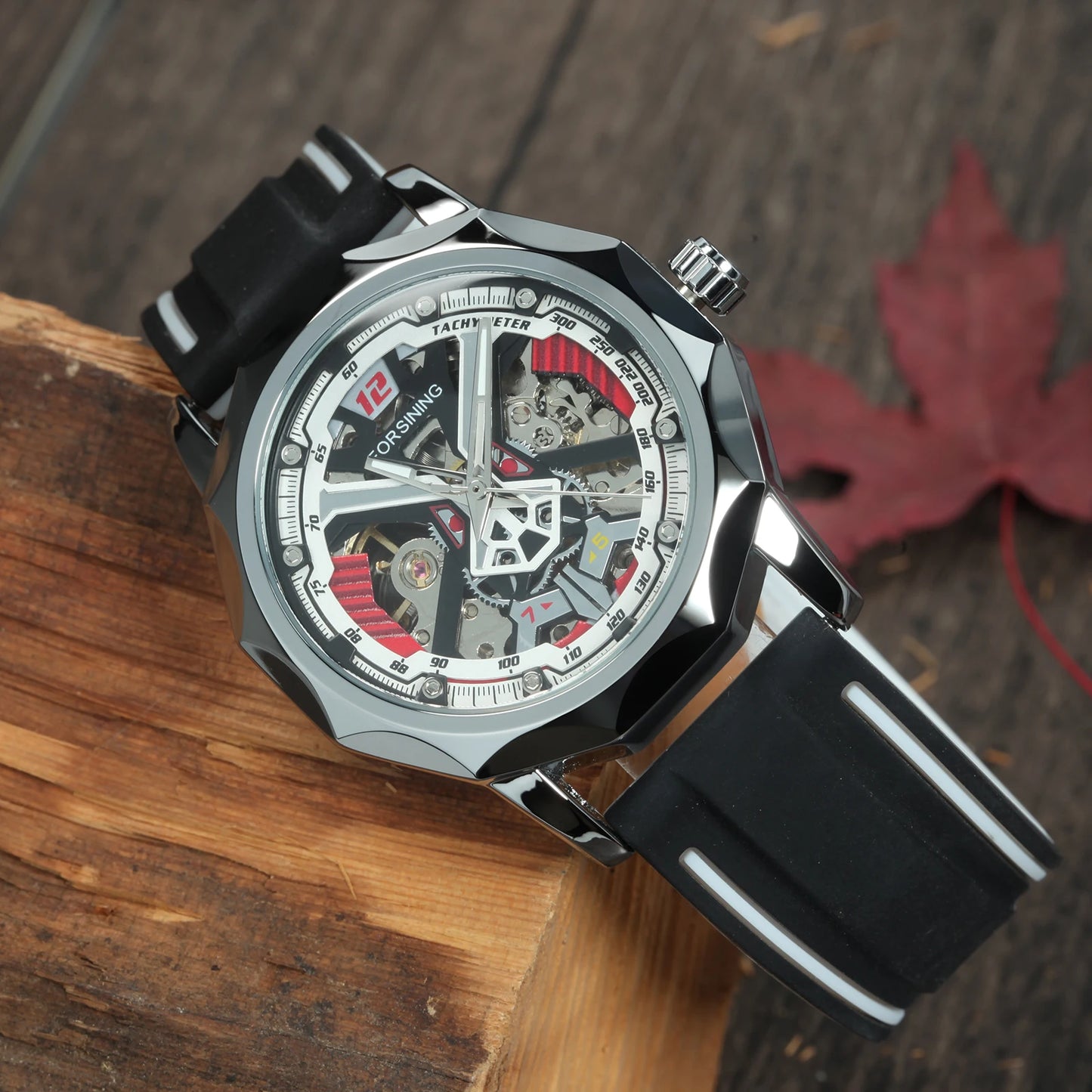 Excellence Fashion Gold Skeleton Mechanical Watches for Men Luminous Hands Casual Black Red Rubber Strap Irregular Sports Watch