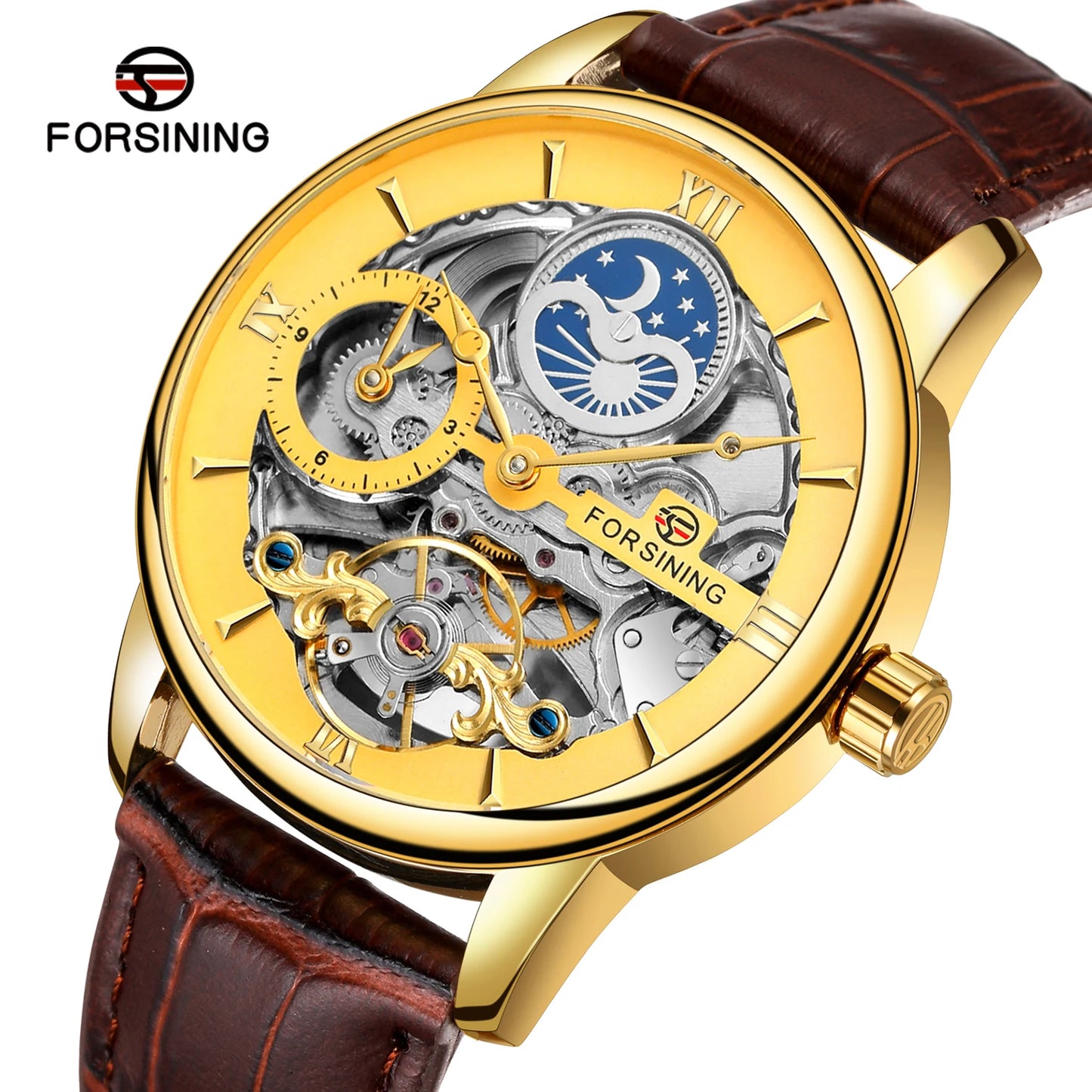 Excellence High Quality Multiple Time Zon Moonphase Automatic Watch Fashion Luxury Skeleton Mechanical Watches Men's Wristwatch Leather Belt