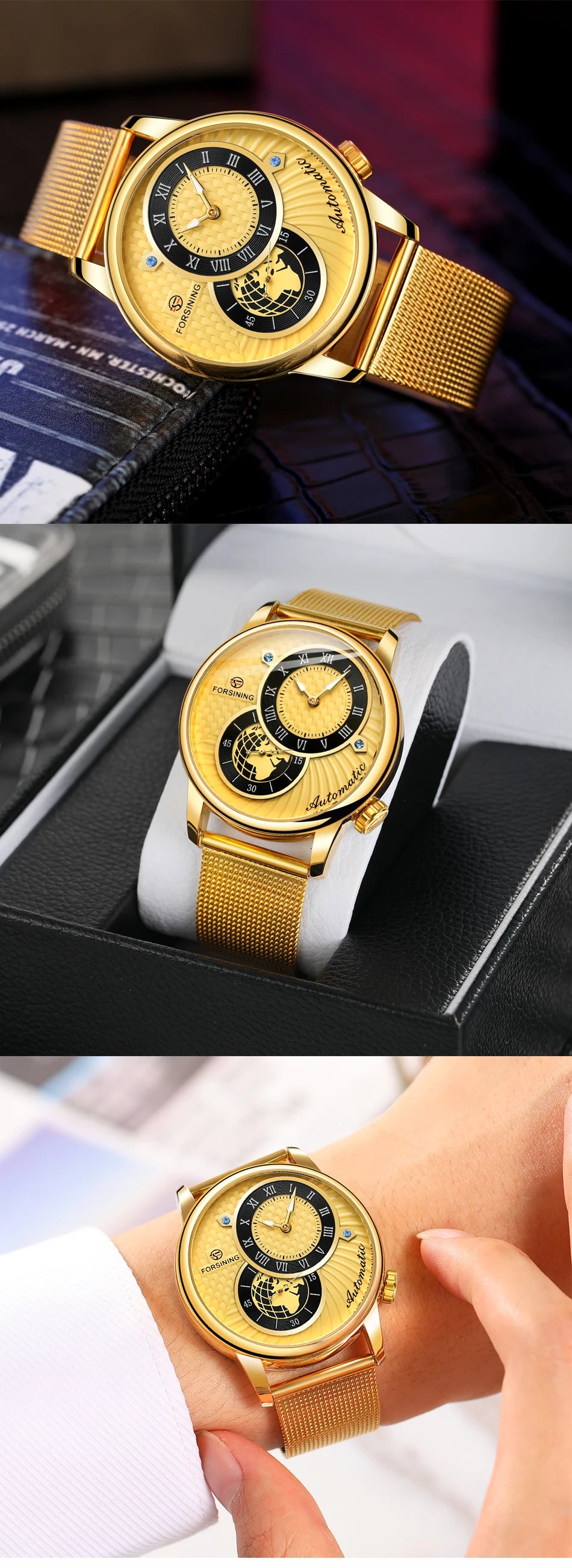 Excellence Earth Image Two Dial Automatic Self-Wind Mechanical Watch Fashion Men watch Waterproof Mesh strap