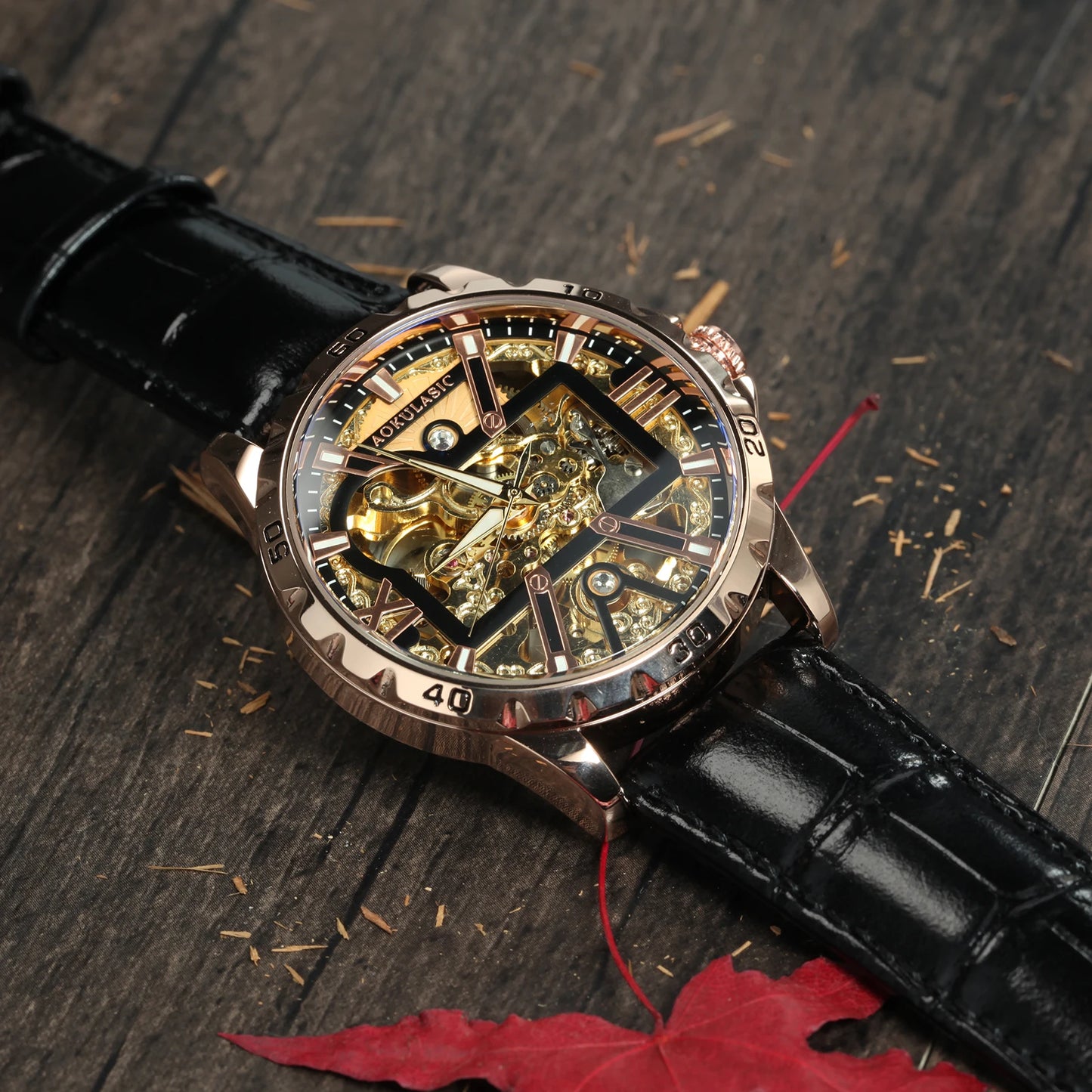 Excellence Brand Military Mechanical Watches Fashion Iced Out Gold Skeleton Automatic Watch for Men Stainless Steel Strap Luminous