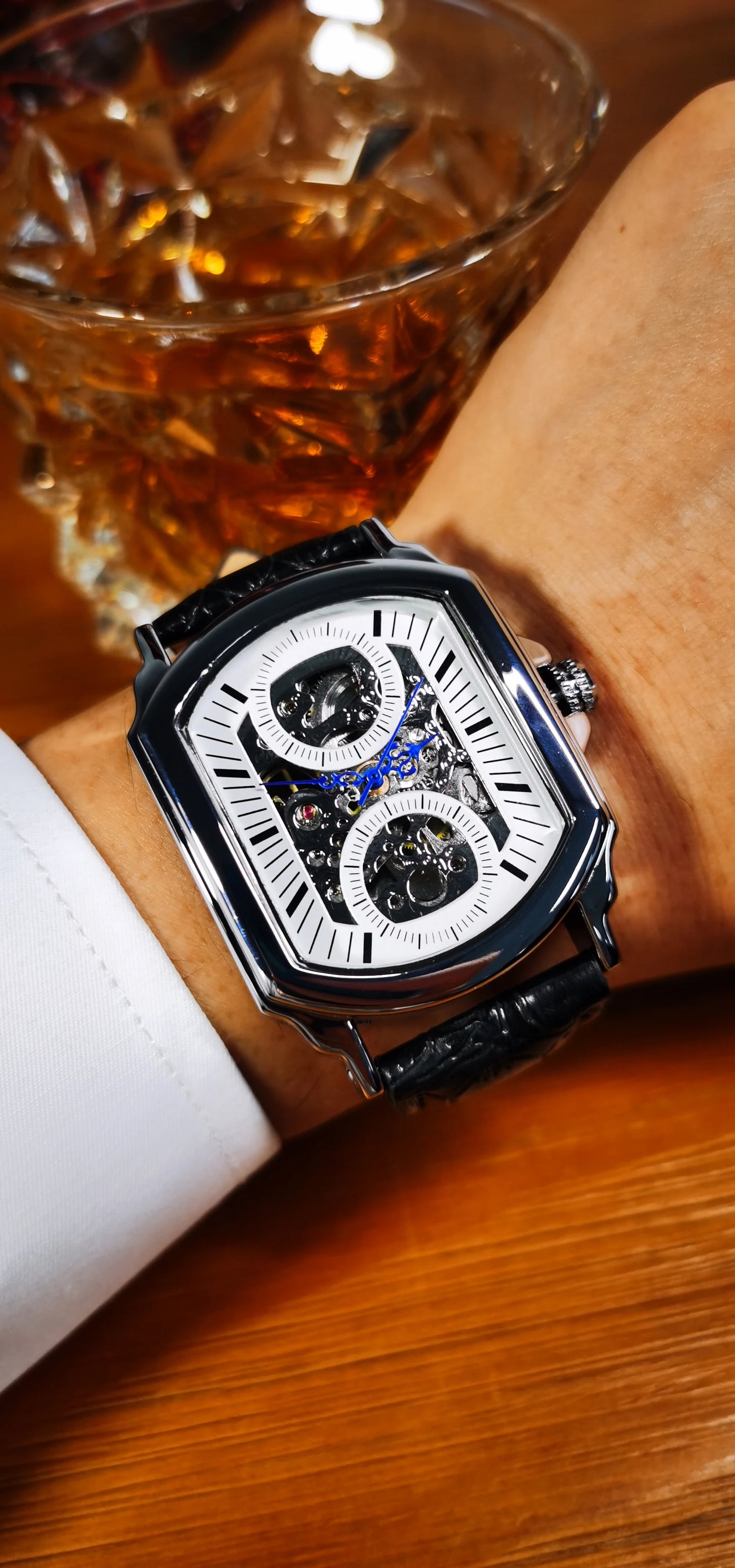 Excellence Business Men's Mechanical Watches Blue Pointers Irregular Skeleton Automatic Watch for Men Casual Leather Strap Wristwatch