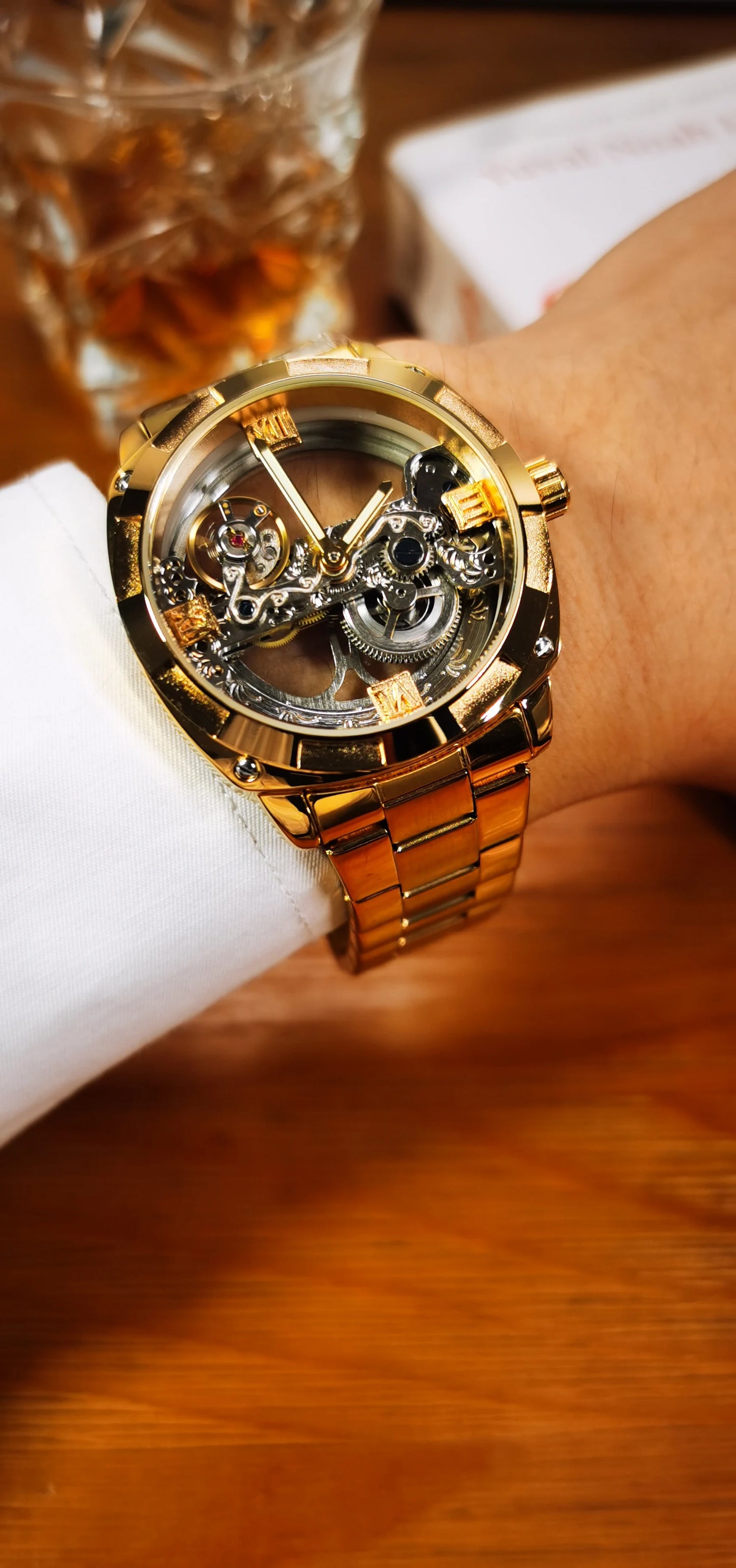 Excellence Luxury Square Skeleton Automatic Men's Watch Golden Bridge Dial Carved Movement Mechanical Waterproof Watches Steel Strap