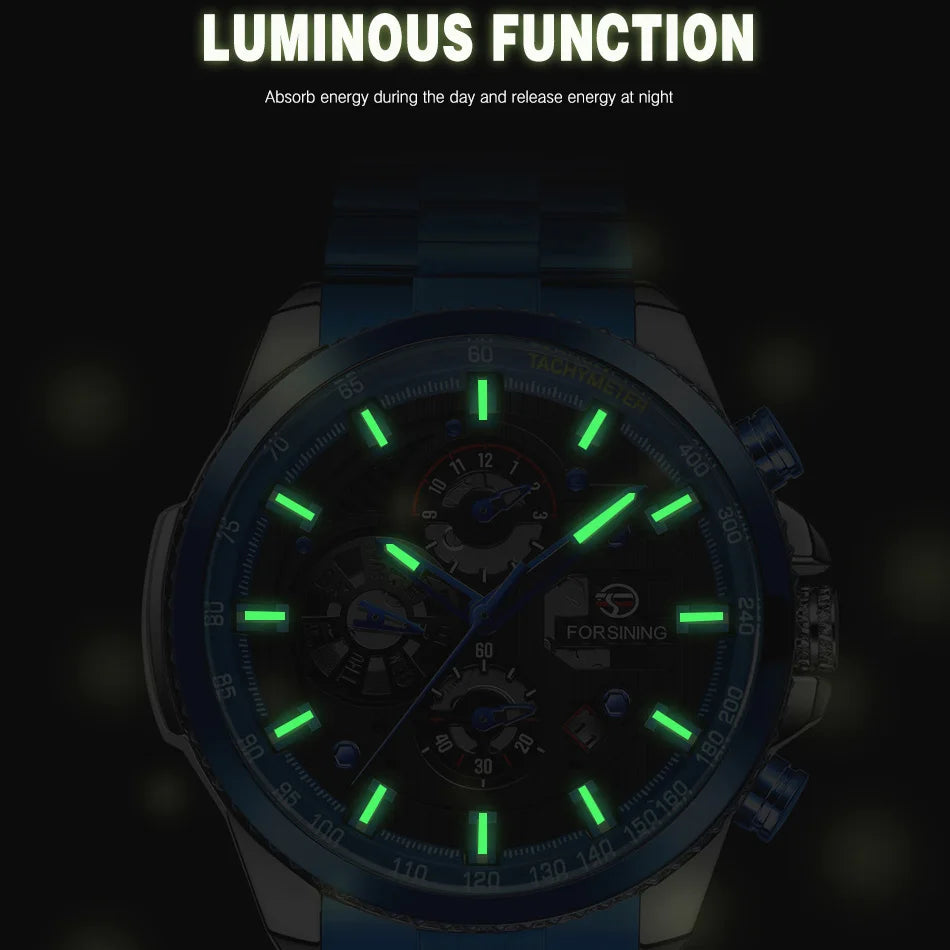 Excellence Sport Waterproof Luminous Blue Big Mechanical Watches Luxury Stainless Steel Men Watch Multifunctional Automatic Date Wristwatch