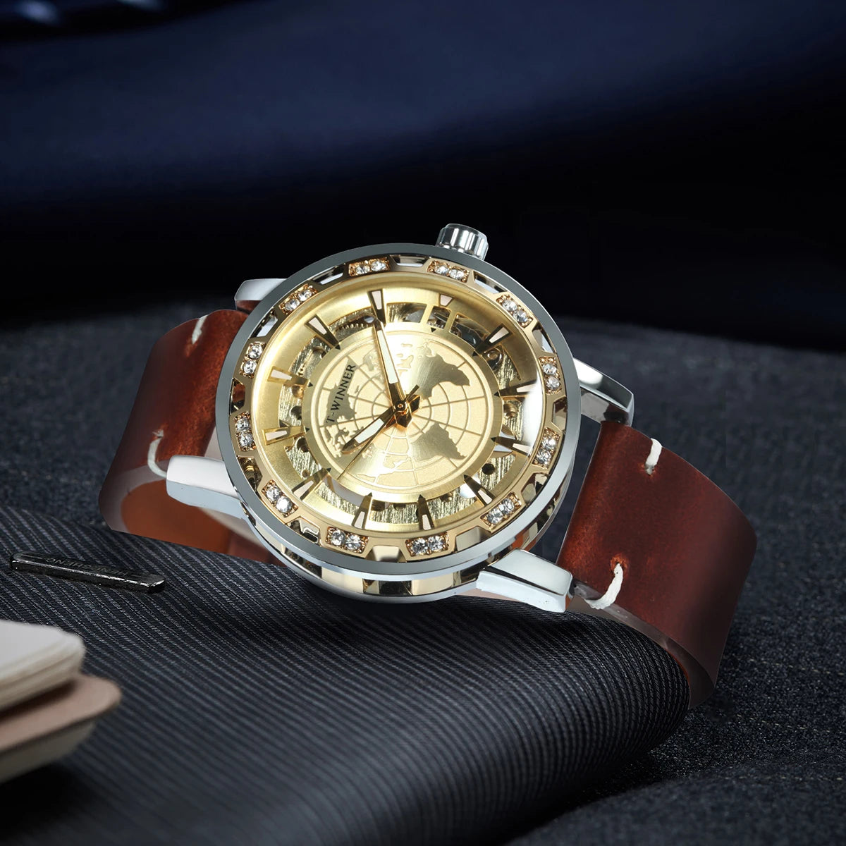 Excellence Classic Iced Out Skeleton Mechanical Watches Luminous Hands Luxury Gold Watch for Men Vintage Brown Leather Strap Clock