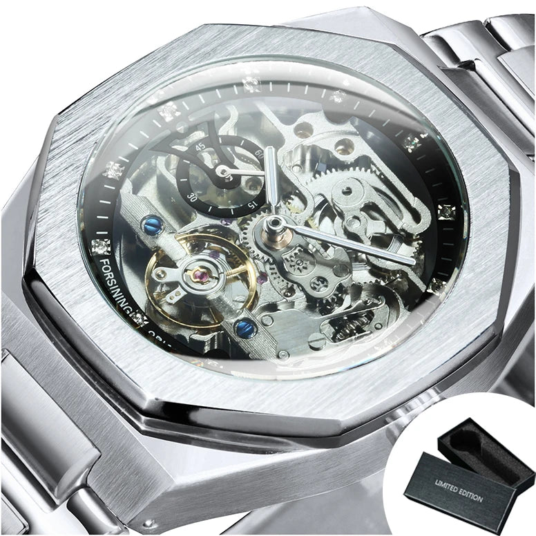 Excellence Silver Automatic Watch Men 3D Diamond Dial Irregular Tourbillon Skeleton Mechanical Wristwatches Luminous Hands