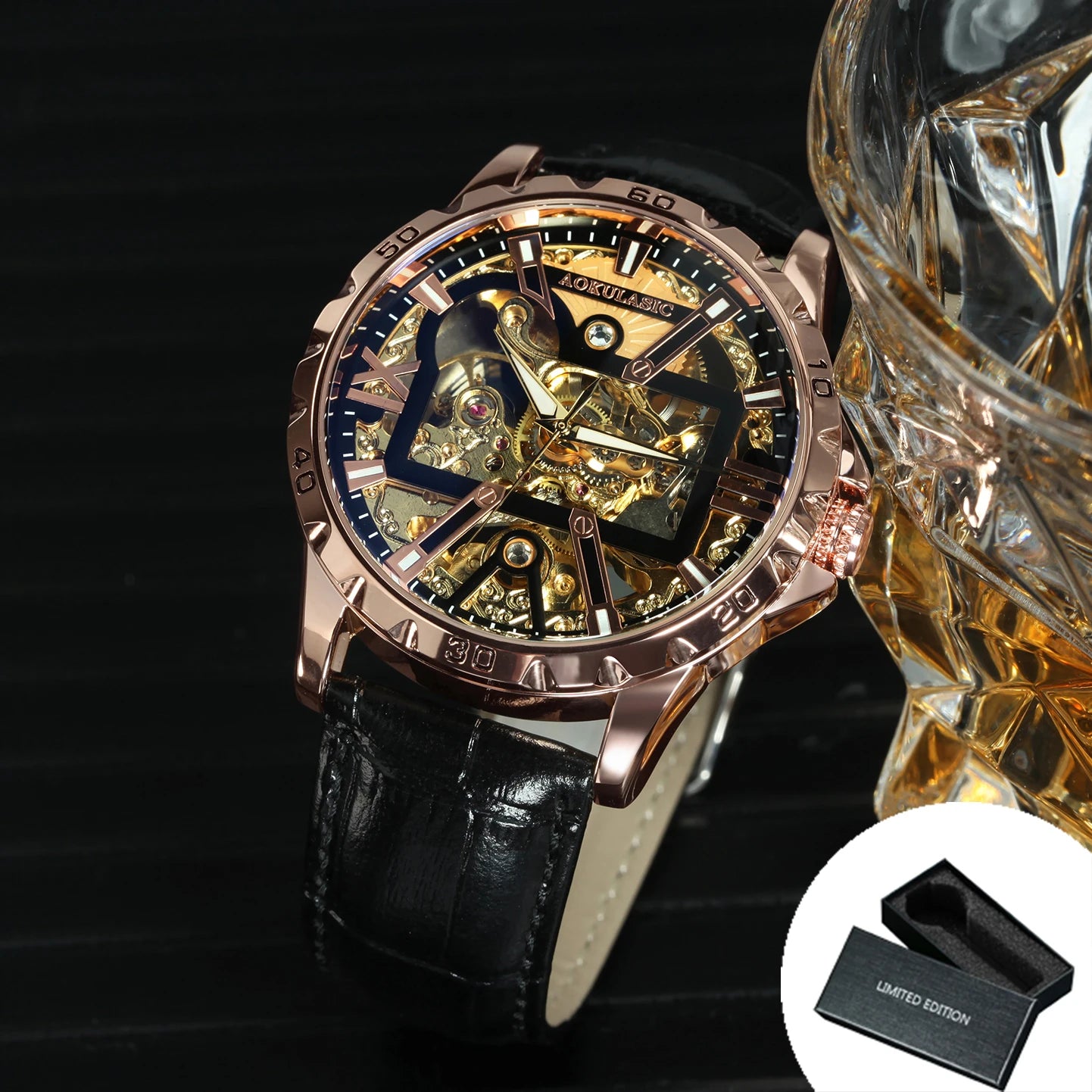 Excellence Brand Military Mechanical Watches Fashion Iced Out Gold Skeleton Automatic Watch for Men Stainless Steel Strap Luminous