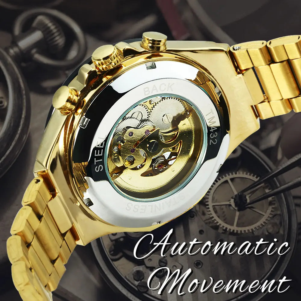 Excellence Gold Transparent Skeleton Automatic Watch for Men Luminous Pointers Luxury Brand Stainless Steel Strap Mechanical Watches