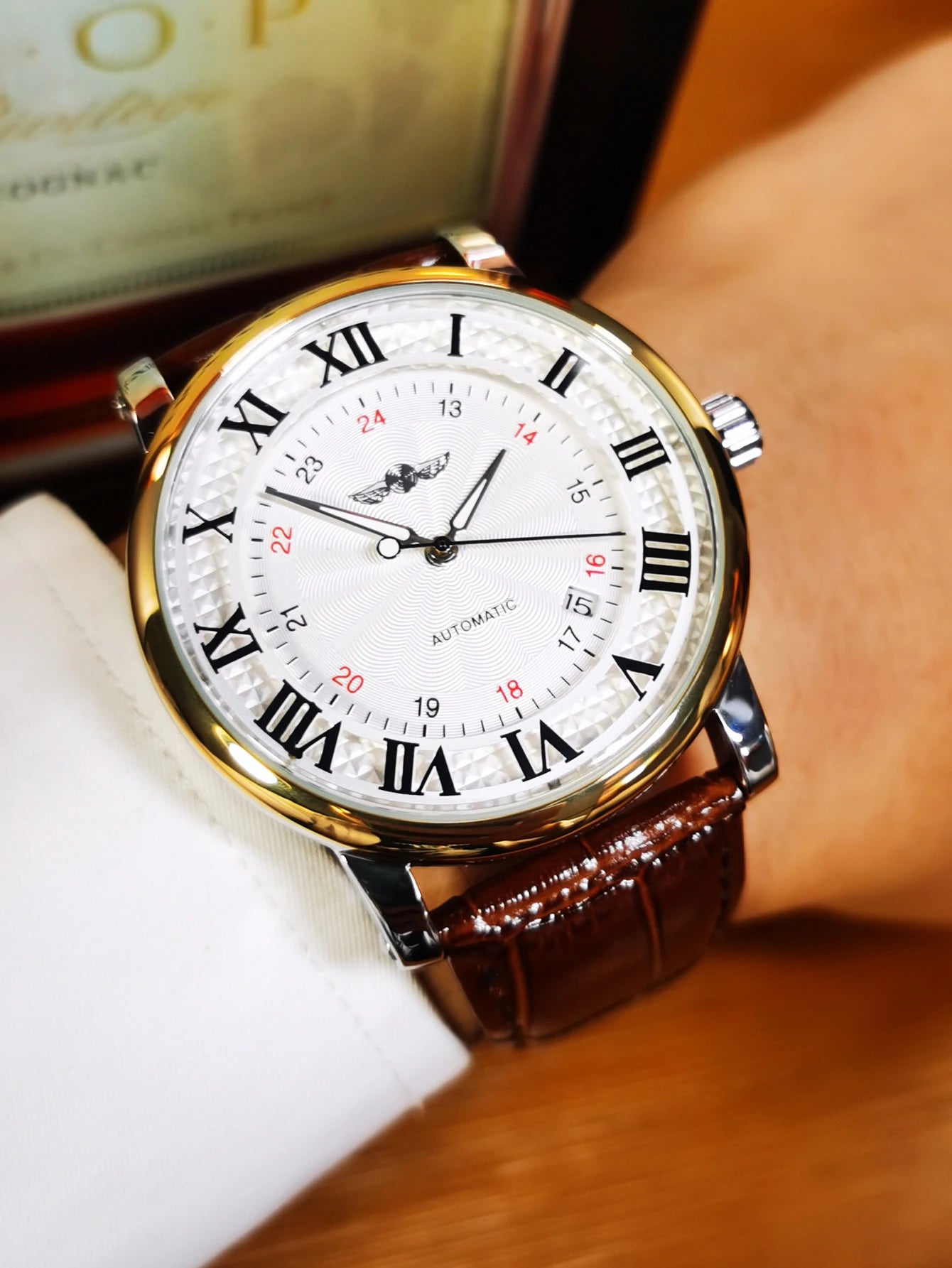 Excellence Fashion Business Mechanical Watches Date Display Minimalist Automatic Watch for Men Casual Brown Leather Strap Wristwatch