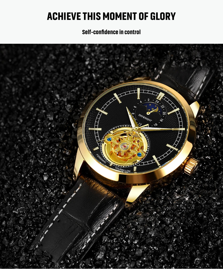 Excellence  Top Brand Hollow Tourbillon Pin Scale Full Automatic Mechanical Man Business Leather Belt Moon Phase Watch