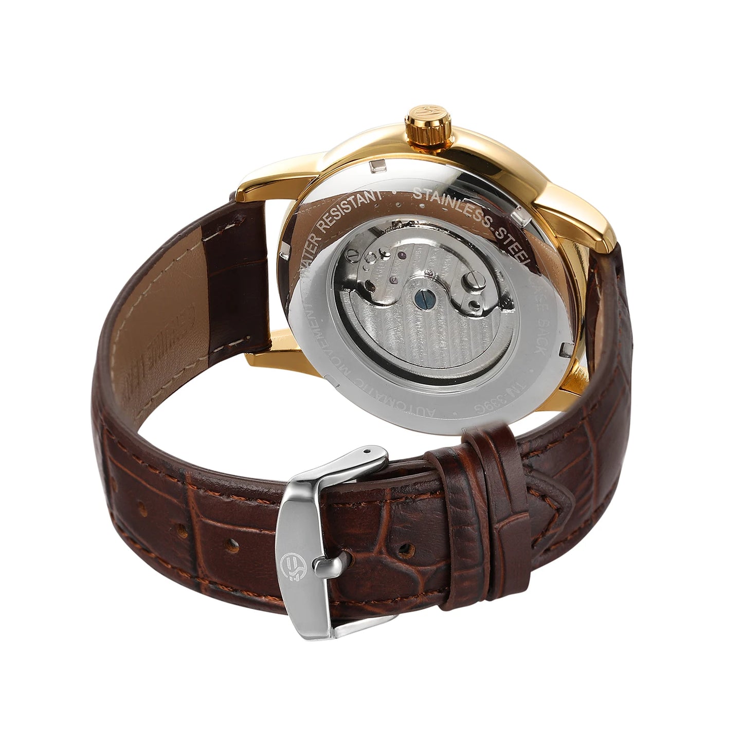 Excellence Luxury Gold Automatic Watch for Men Moon Phase Retro Brown Genuine Leather Belt Tourbillon Skeleton Mechanical Watch