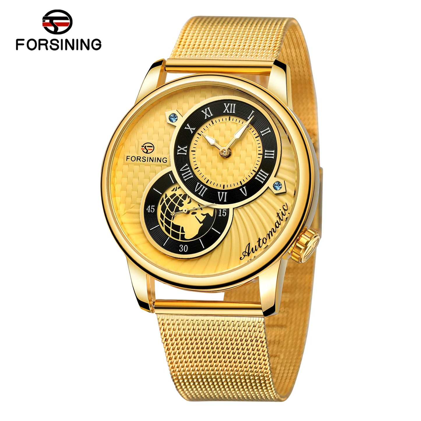 Excellence Earth Image Two Dial Automatic Self-Wind Mechanical Watch Fashion Men watch Waterproof Mesh strap