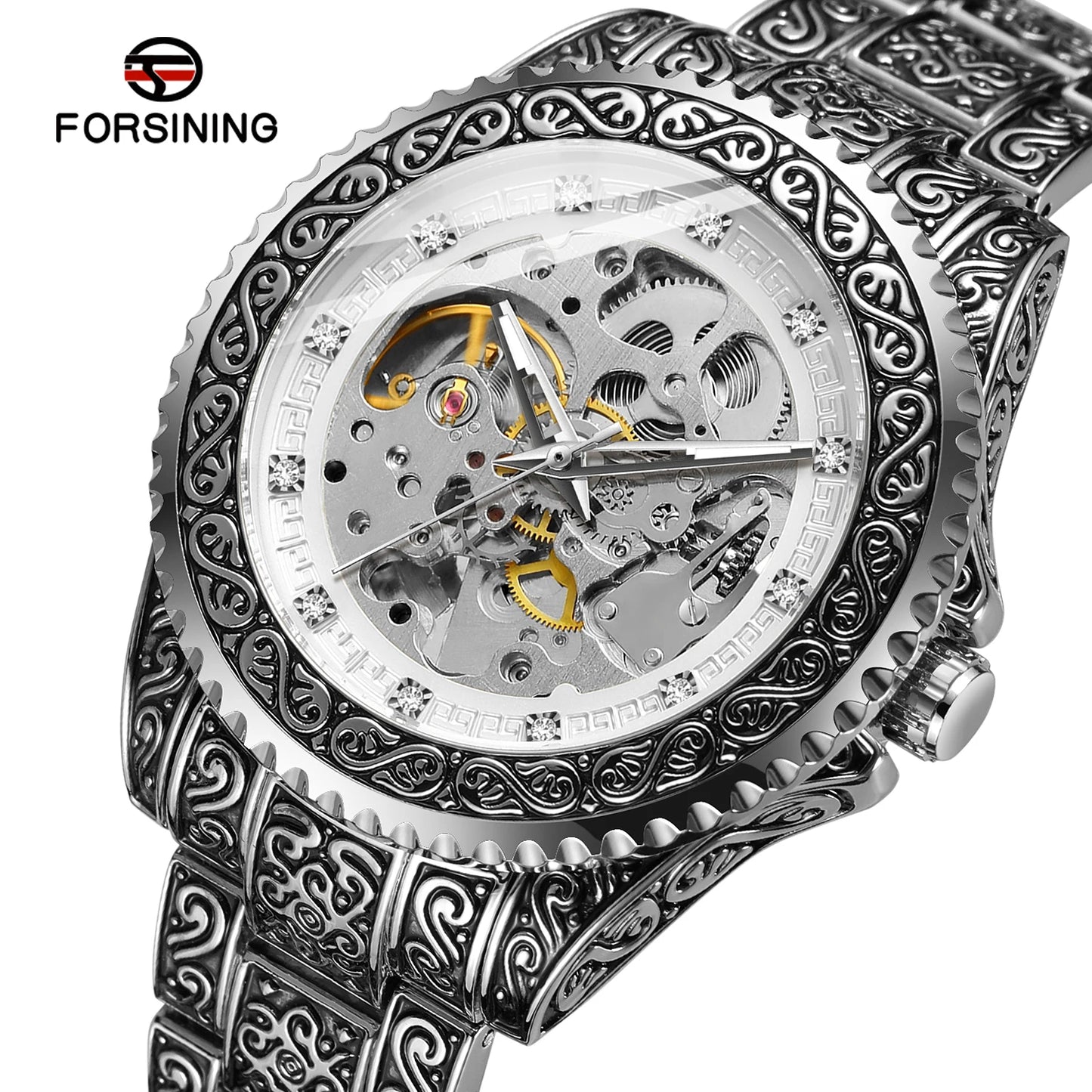 Excellence Luxury Men Automatic Mechanical Wristwatch Waterproof Stainless Steel 3D Diamond Watch Golden Men's watch Vintage