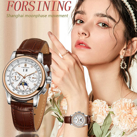 Excellence Women Automatic Mechanical Fashion Luxury Wrist Watches Ladies Diamond Moon Phase Multifunctional.