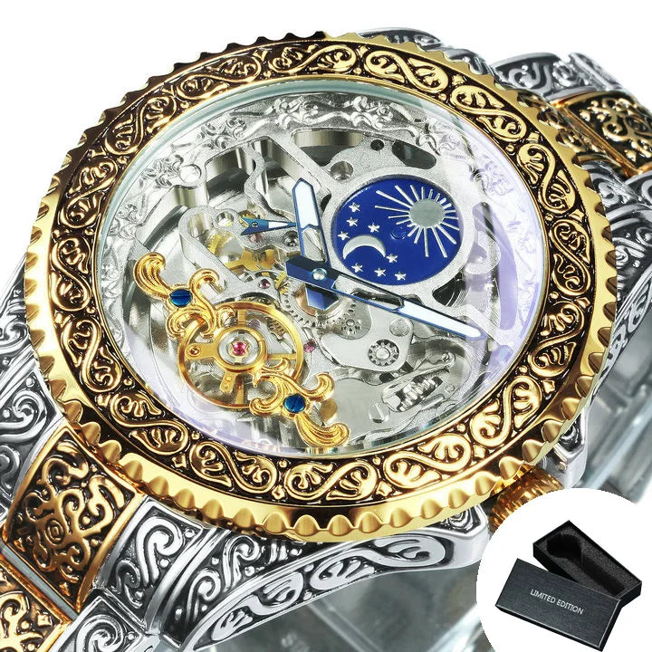 Excellence Luxury Gold Skeleton Mechanical Watches Moon Phase Retro Engraved Luminous Tourbillon Automatic Men's Watch Steel Strap