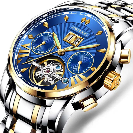 Excellence Sports Tourbillon Men's Watches Top Brand Luxury Skeleton Automatic Mechanical Watch Stainless Steel Strap Calendar