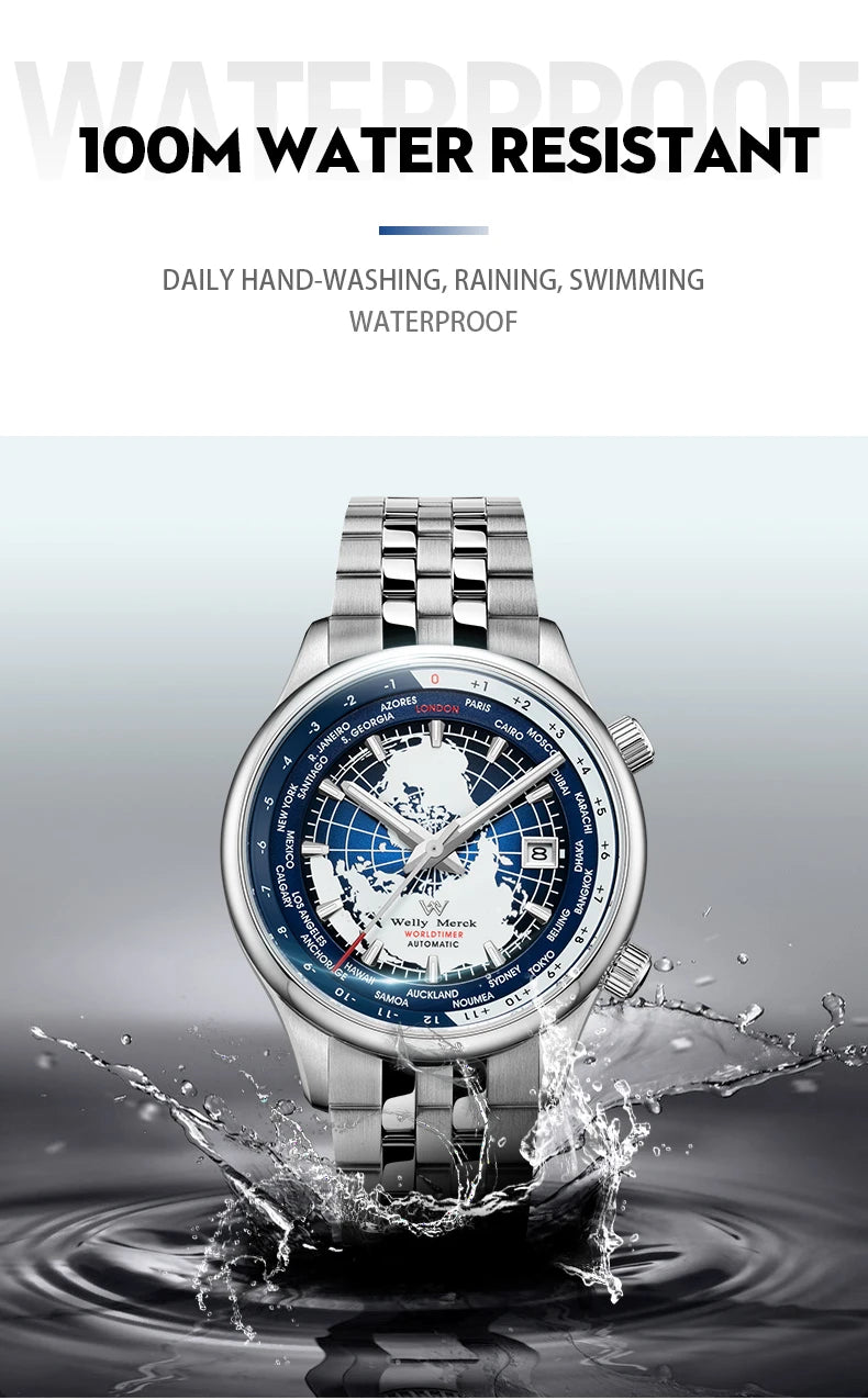 Excellence Watch Welly Merck Automatic Mechanical Men Watches High Quality Sapphire World Time Original Recognized Brand Watch Man WM057