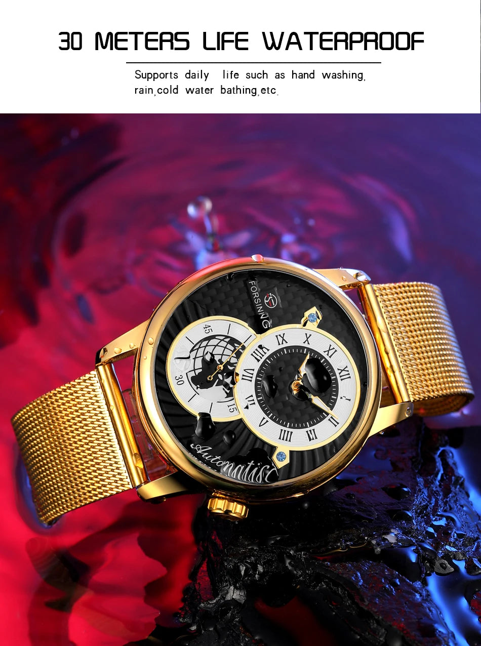 Excellence Earth Image Two Dial Automatic Self-Wind Mechanical Watch Fashion Men watch Waterproof Mesh strap