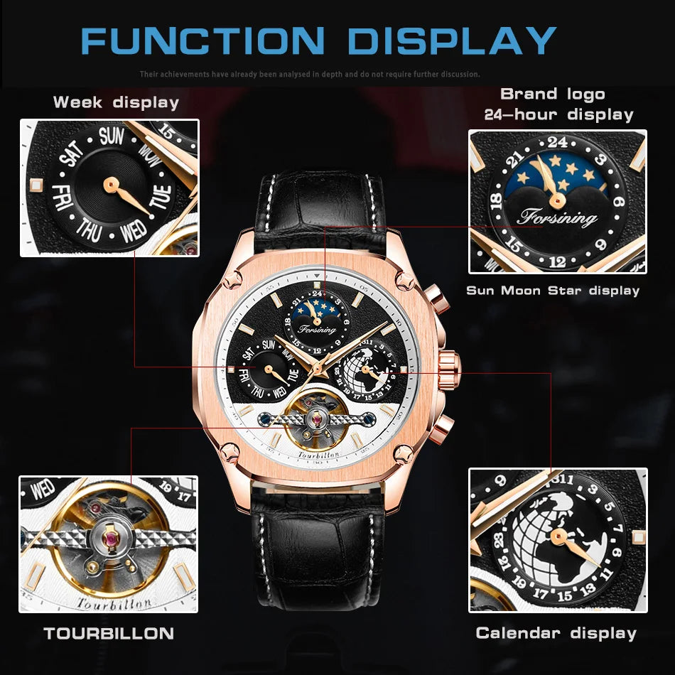 Excellence New Square Waterproof Mechanical Watches Luxury Leather Watch For Men Tourbillon Multifunctional Automatic Date Wristwatch